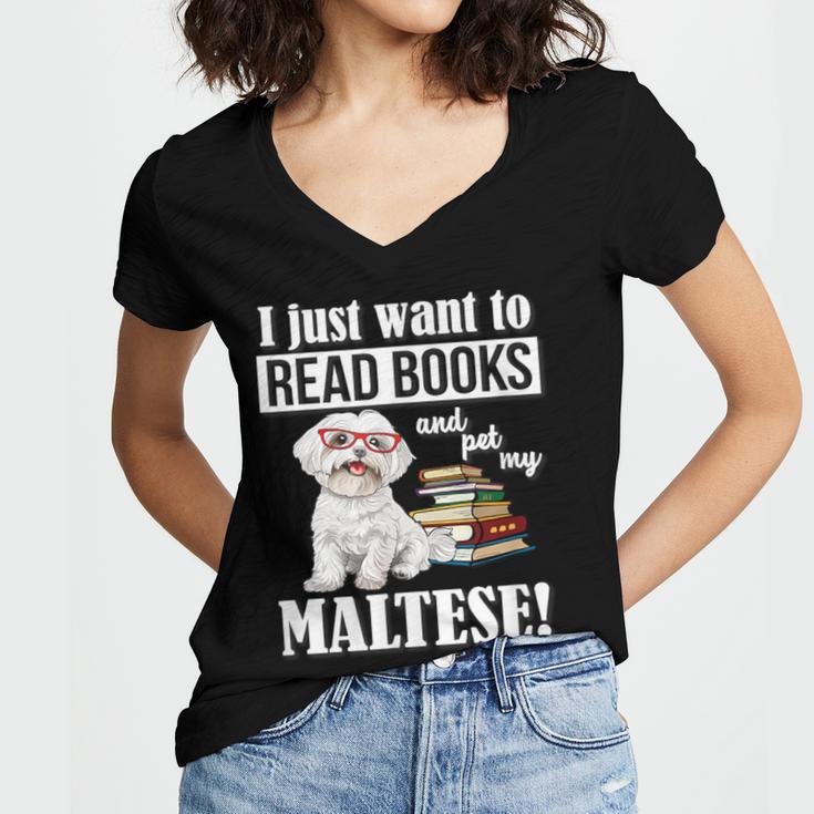 Cute Glasses Read Books & Pet My Maltese Lover Women's Jersey Short Sleeve Deep V-Neck Tshirt
