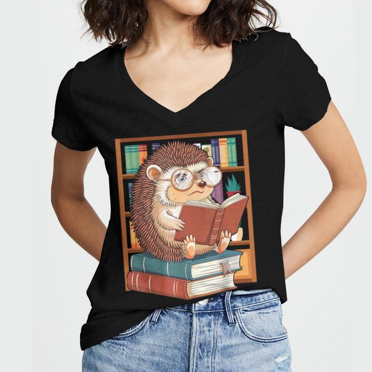 Cute Hedgehog Book Nerd Women's Jersey Short Sleeve Deep V-Neck Tshirt