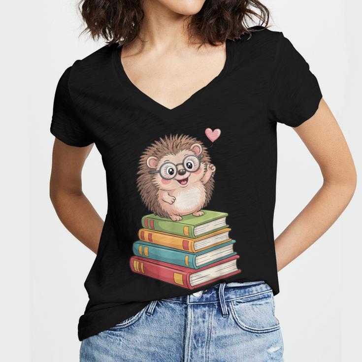 Cute Hedgehog Reading Books Animal Lover Reader Bookworm Women's Jersey Short Sleeve Deep V-Neck Tshirt