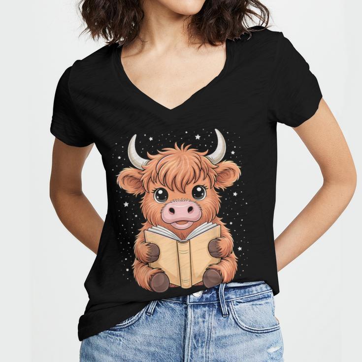 Cute Highland Cow Reading Book Women's Jersey Short Sleeve Deep V-Neck Tshirt