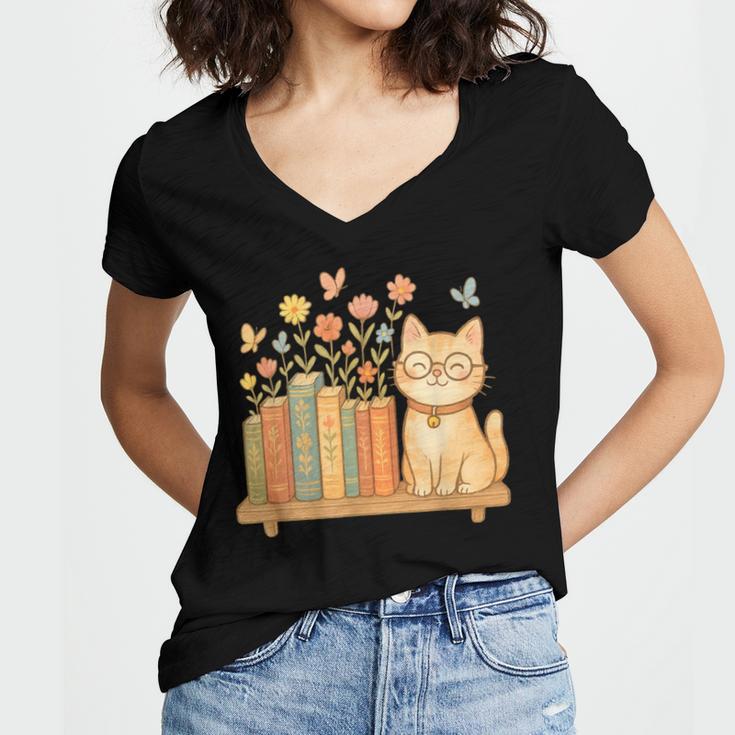 Cute Kawaii Cat Books Flowers Women's Jersey Short Sleeve Deep V-Neck Tshirt