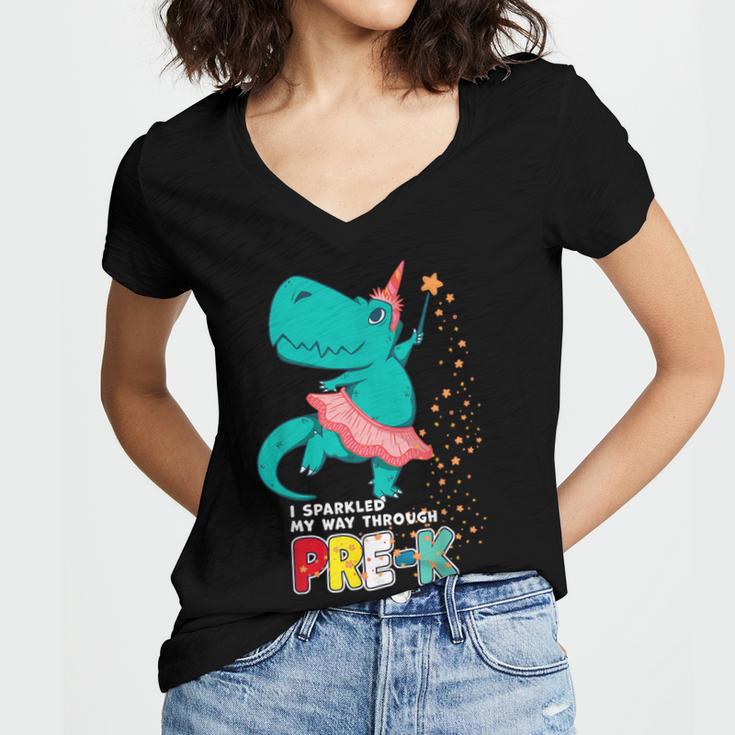 Cute Magical Ballerina Dino Unicorn Pre-K Graduation Women's Jersey Short Sleeve Deep V-Neck Tshirt