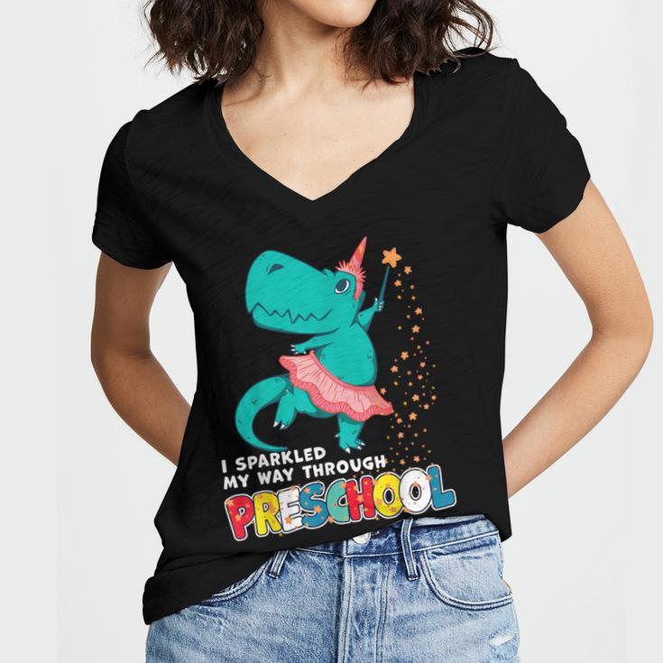 Cute Magical Ballerina Dino Unicorn Preschool Graduation Women's Jersey Short Sleeve Deep V-Neck Tshirt