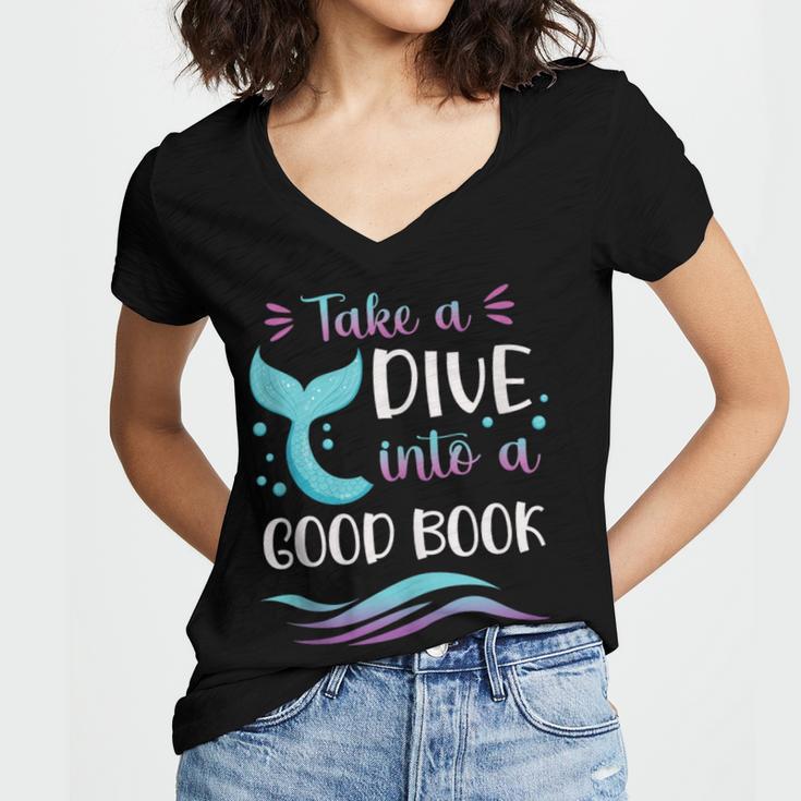 Cute Mermaid Librarian Teacher Dive Into A Good Book Reading Women's Jersey Short Sleeve Deep V-Neck Tshirt