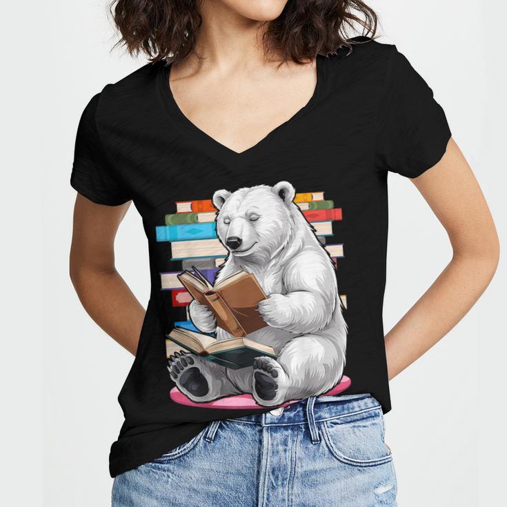 Cute Polar Bear Is Reading a Book Reading Polar Bear Women's Jersey Short Sleeve Deep V-Neck Tshirt