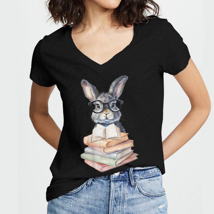 Cute Reading Bunny With Glasses Books Reader Book Bookworm Women's Jersey Short Sleeve Deep V-Neck Tshirt