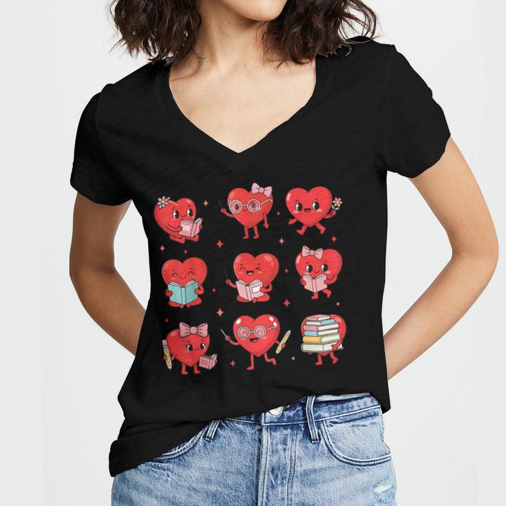Cute Reading Hearts Valentine Day Book Lover Teacher Student Women's Jersey Short Sleeve Deep V-Neck Tshirt Cute Reading Hearts Valentine Day Book Lover Teacher Student Women's Jersey Short Sleeve Deep V-Neck Tshirt