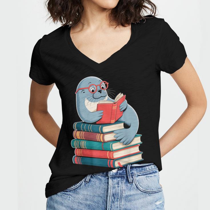 Cute Reading Seal On Books Book Lover Women's Jersey Short Sleeve Deep V-Neck Tshirt