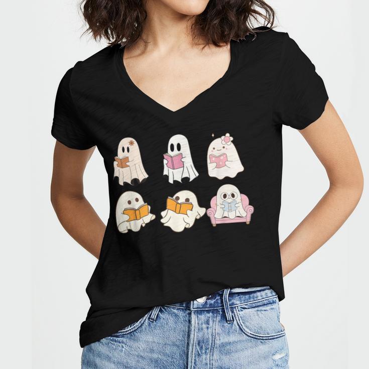 Cute Spooky Reading Book Halloween Fall Ghost Autumn Women's Jersey Short Sleeve Deep V-Neck Tshirt