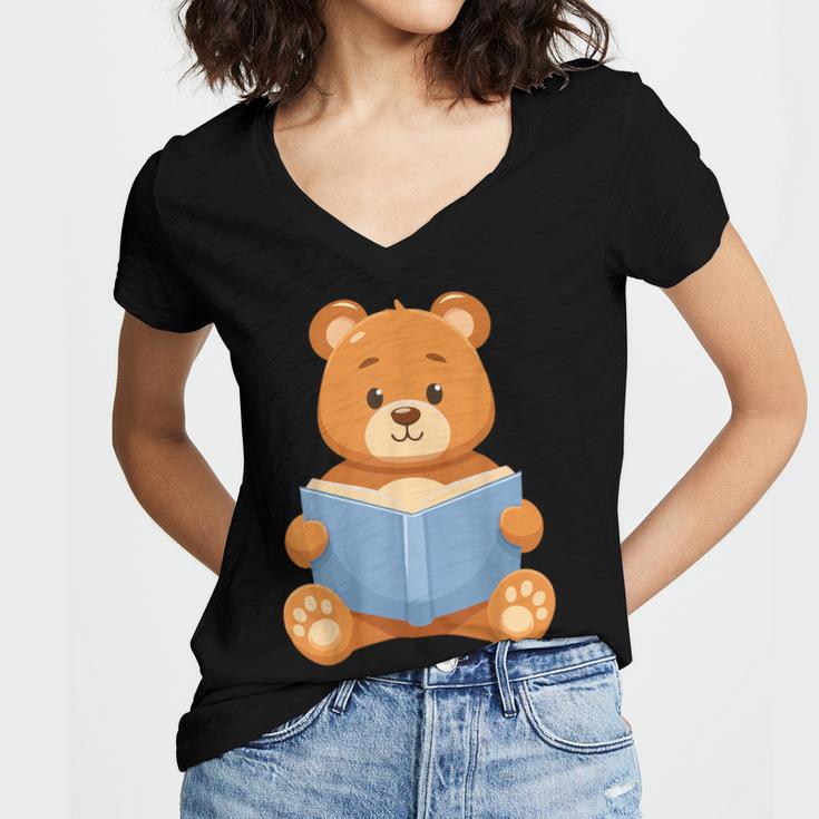 Cute Teddy Bear Reading Book Adorable For Readers Women's Jersey Short Sleeve Deep V-Neck Tshirt Cute Teddy Bear Reading Book Adorable For Readers Women's Jersey Short Sleeve Deep V-Neck Tshirt