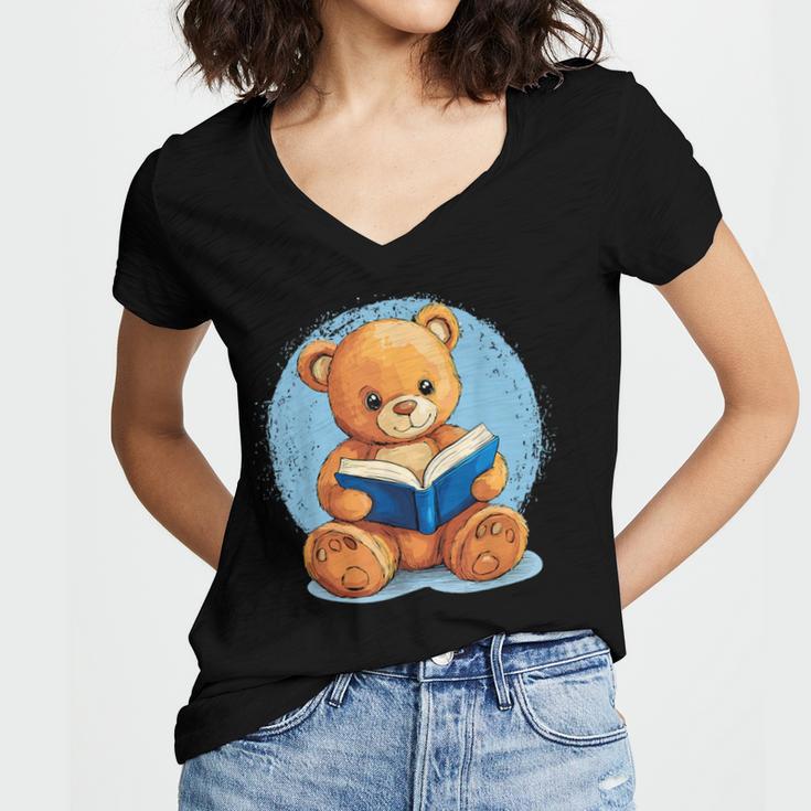 Cute Teddy Bear Reading Book Fun Women's Jersey Short Sleeve Deep V-Neck Tshirt Cute Teddy Bear Reading Book Fun Women's Jersey Short Sleeve Deep V-Neck Tshirt