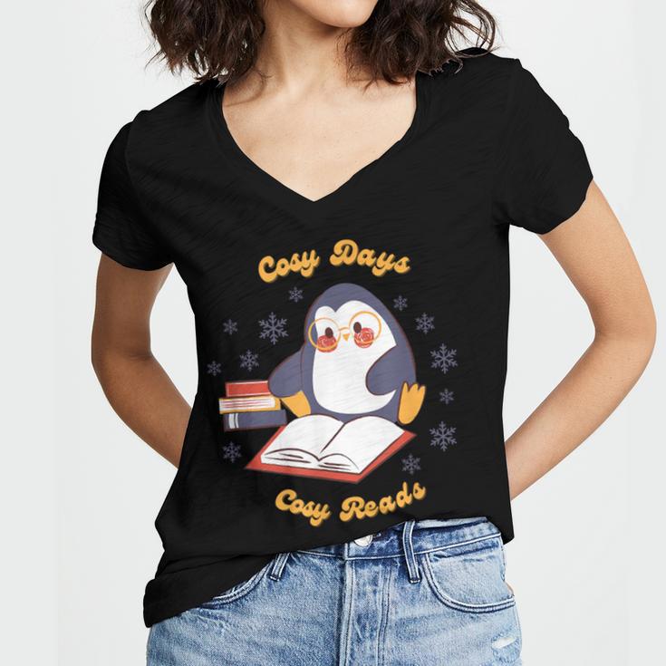 Cute Xmas Book Lover Penguin Reading Cosy Days Cosy Reads Women's Jersey Short Sleeve Deep V-Neck Tshirt