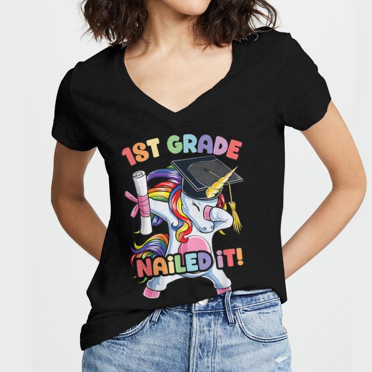 Dabbing 1st Grade Unicorn Graduation Class Of 2021 Nailed It Women's Jersey Short Sleeve Deep V-Neck Tshirt