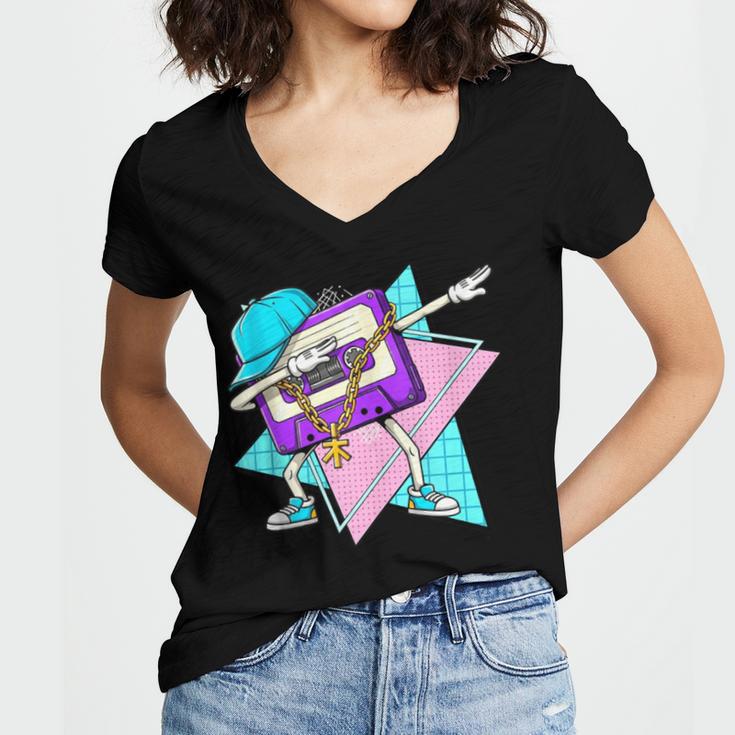 Dabbing Cassette Tape 70s 80s 80s Outfit Nostalgia Women's Jersey Short Sleeve Deep V-Neck Tshirt