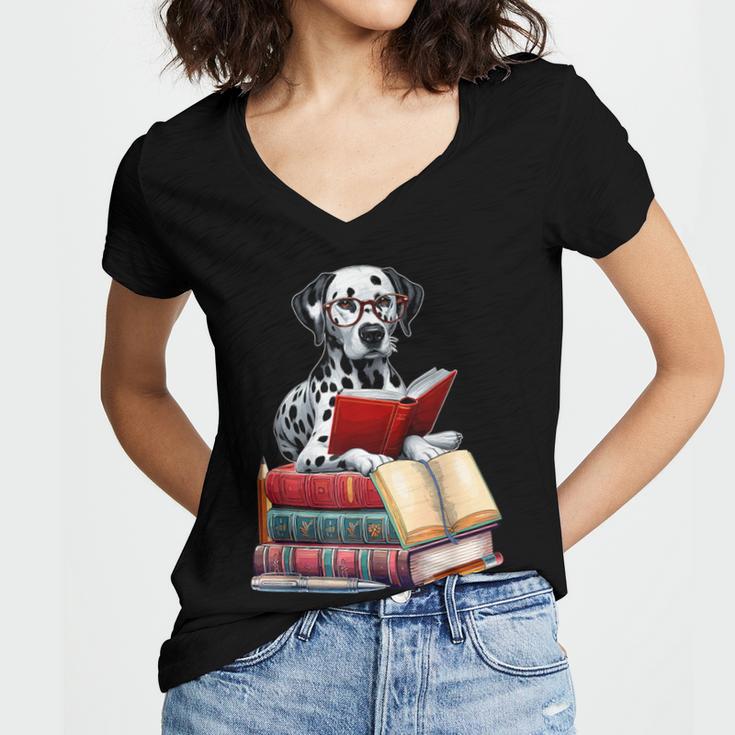 Dalmatian Reading Books Matching Bookworm Readers Librarian Women's Jersey Short Sleeve Deep V-Neck Tshirt