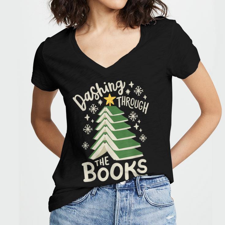 Dashing Through The Books Christmas Book Lovers Men Women Women's Jersey Short Sleeve Deep V-Neck Tshirt