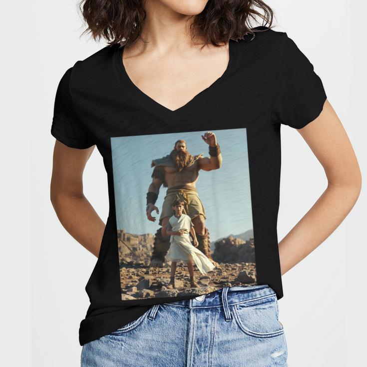 David And Goliath Bible Book Of Samuel King David Women's Jersey Short Sleeve Deep V-Neck Tshirt David And Goliath Bible Book Of Samuel King David Women's Jersey Short Sleeve Deep V-Neck Tshirt