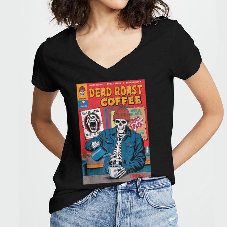 Dead Roast Coffee Comic Book Cover Style Skeleton Barista Women's Jersey Short Sleeve Deep V-Neck Tshirt