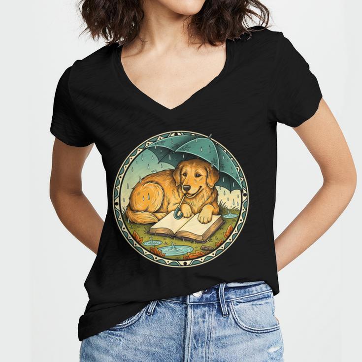 Dog Reading Book Rain Cozy Umbrella Cute Art Men Women's Jersey Short Sleeve Deep V-Neck Tshirt