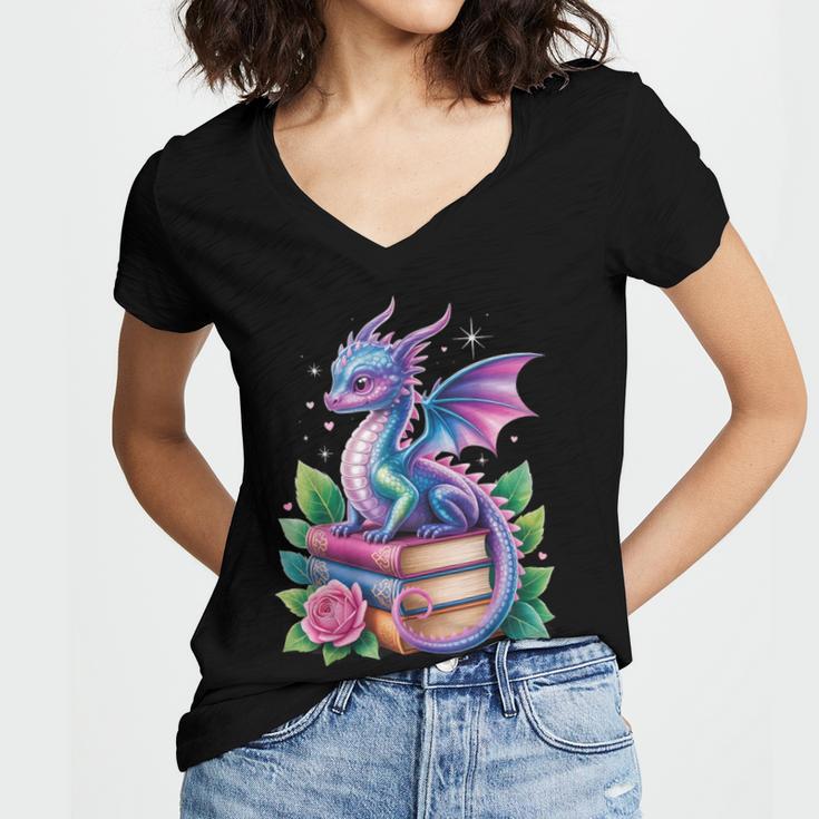 Dragon Book Fantasy Reading Women's Jersey Short Sleeve Deep V-Neck Tshirt Dragon Book Fantasy Reading Women's Jersey Short Sleeve Deep V-Neck Tshirt