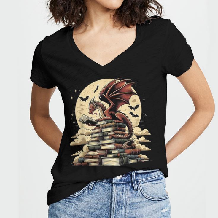 Dragon Reading a Book Dragons And Books Lover Bookworm Women's Jersey Short Sleeve Deep V-Neck Tshirt Dragon Reading a Book Dragons And Books Lover Bookworm Women's Jersey Short Sleeve Deep V-Neck Tshirt