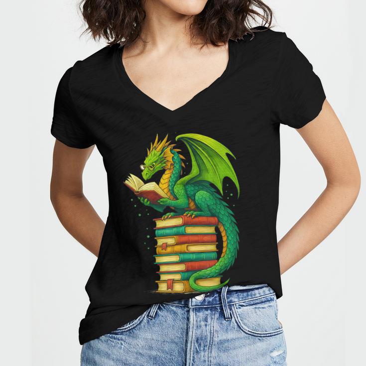 Dragon Reading Books Matching Bookworm Readers Librarian Women's Jersey Short Sleeve Deep V-Neck Tshirt