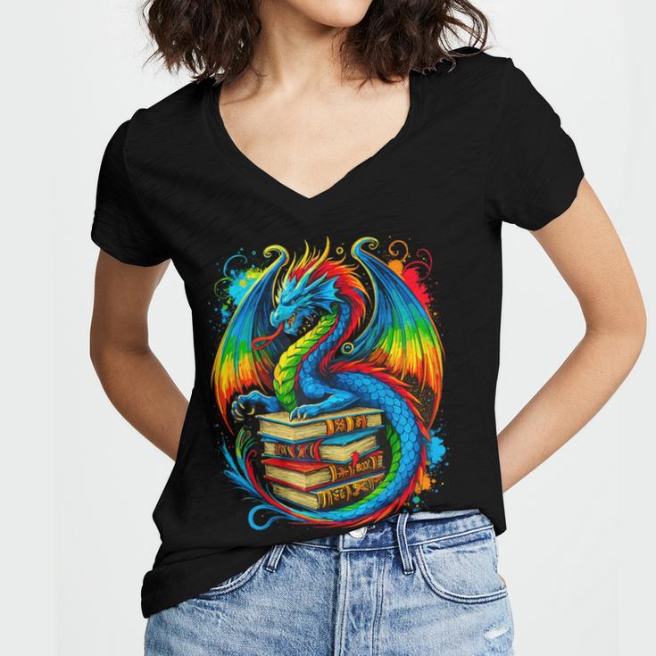 Dragon Reading Colorful Fantasy Book Lover Women's Jersey Short Sleeve Deep V-Neck Tshirt