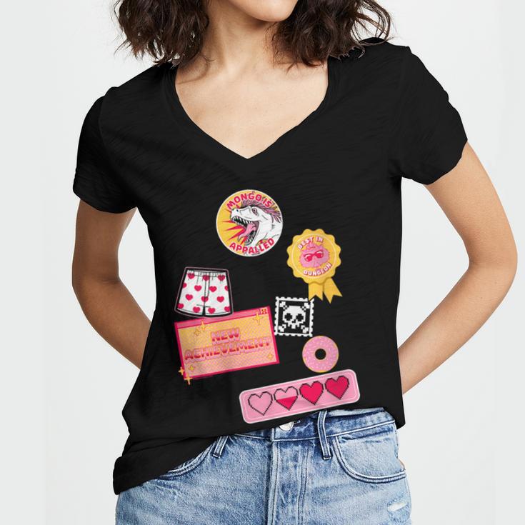 Dungeon Crawler Carl Colorful Sticker Collage LitRPG Book Women's Jersey Short Sleeve Deep V-Neck Tshirt Dungeon Crawler Carl Colorful Sticker Collage LitRPG Book Women's Jersey Short Sleeve Deep V-Neck Tshirt