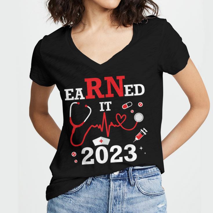 Earned It 2023 For Nurse Graduation Or RN LPN Class Of Women's Jersey Short Sleeve Deep V-Neck Tshirt