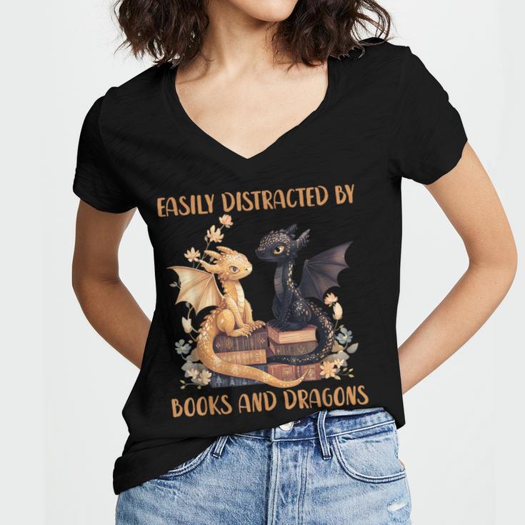 Easily Distracted By Books & Dragons Librarian Book Lover Women's Jersey Short Sleeve Deep V-Neck Tshirt Easily Distracted By Books & Dragons Librarian Book Lover Women's Jersey Short Sleeve Deep V-Neck Tshirt