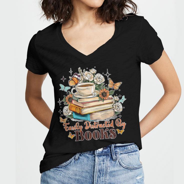 Easily Distracted By Books Book Wildflowers Book Lovers Women's Jersey Short Sleeve Deep V-Neck Tshirt