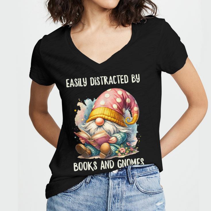 Easily Distracted By Books And Gnomes Book Reading Gnome Women's Jersey Short Sleeve Deep V-Neck Tshirt