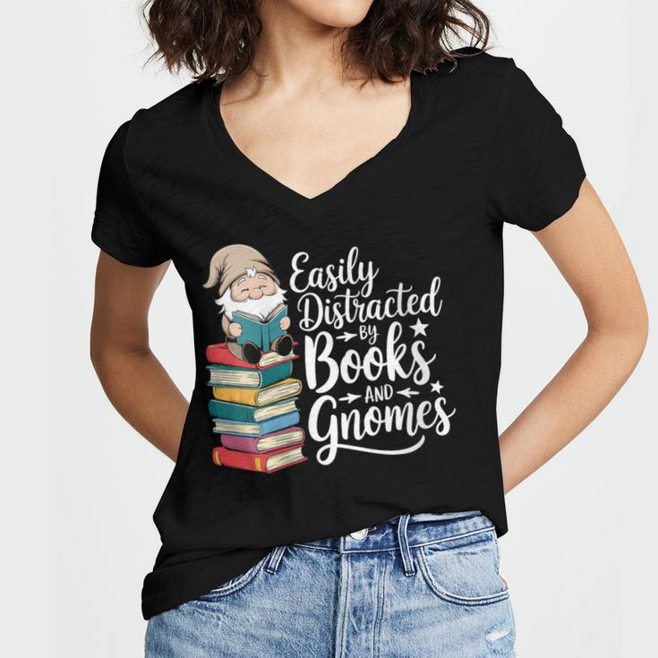 Easily Distracted By Books And Gnomes Women's Jersey Short Sleeve Deep V-Neck Tshirt