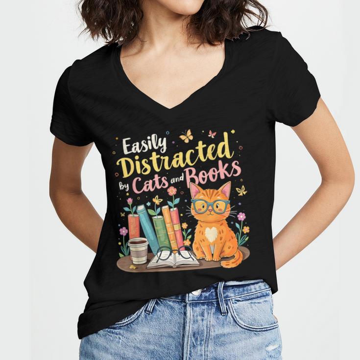 Easily Distracted By Cats And Books Book & Cat Lover Women's Jersey Short Sleeve Deep V-Neck Tshirt