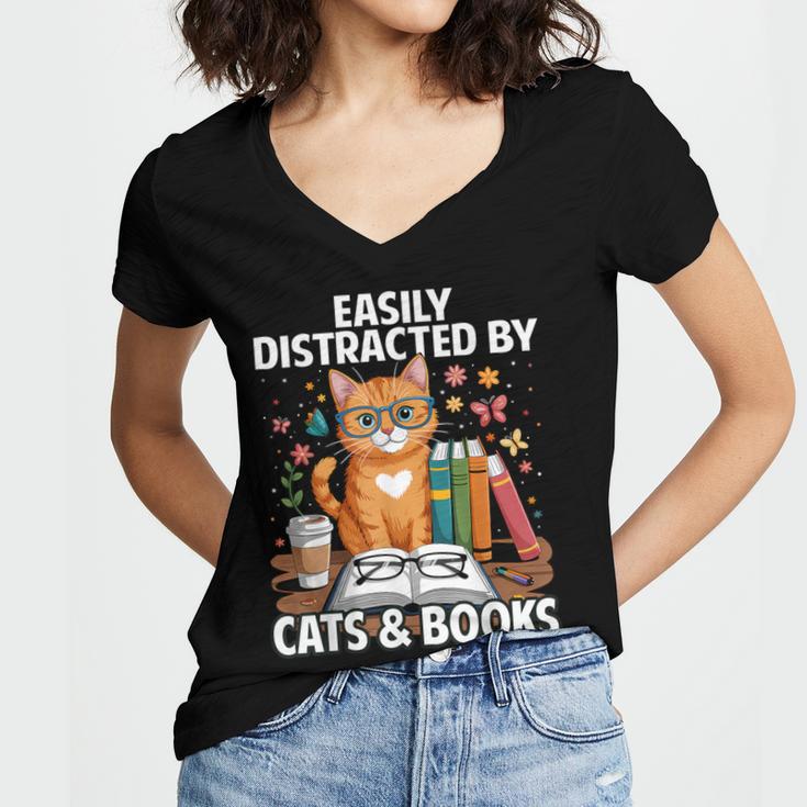 Easily Distracted By Cats And Books Book Lover Cat Women's Jersey Short Sleeve Deep V-Neck Tshirt