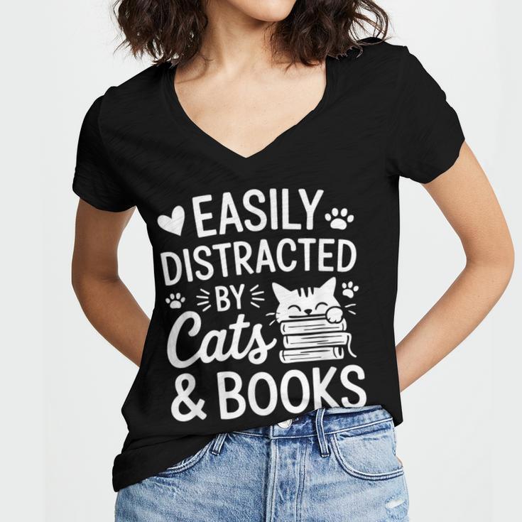 Easily Distracted By Cats And Books Reading Apparel Women's Jersey Short Sleeve Deep V-Neck Tshirt Easily Distracted By Cats And Books Reading Apparel Women's Jersey Short Sleeve Deep V-Neck Tshirt