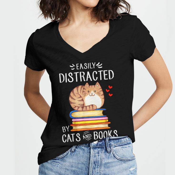 Easily Distracted By Cats And Books Reading Lover Bookish Women's Jersey Short Sleeve Deep V-Neck Tshirt