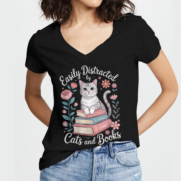 Easily Distracted By Cats And Books Reading Women's Jersey Short Sleeve Deep V-Neck Tshirt