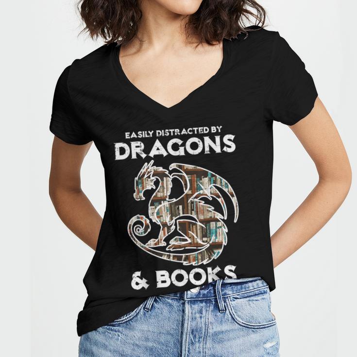 Easily Distracted By Dragons Books Bookworm Women Men Kids Women's Jersey Short Sleeve Deep V-Neck Tshirt