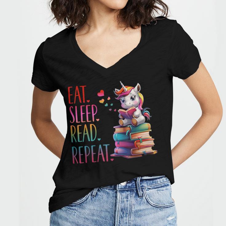 Eat Sleep Read Repeat Unicorn Read Book Reading Lovers Kids Women's Jersey Short Sleeve Deep V-Neck Tshirt