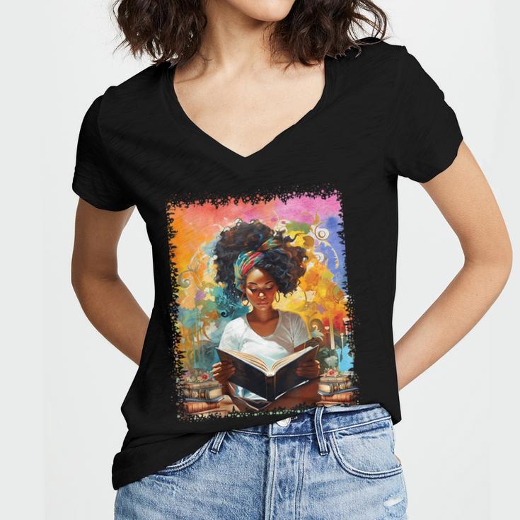Educated Afro Girl Reading Book Lover History Month Women's Jersey Short Sleeve Deep V-Neck Tshirt