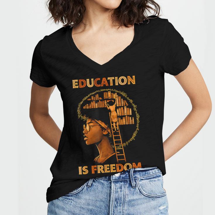 Education Is Freedom Teacher Book Black History Month Women's Jersey Short Sleeve Deep V-Neck Tshirt