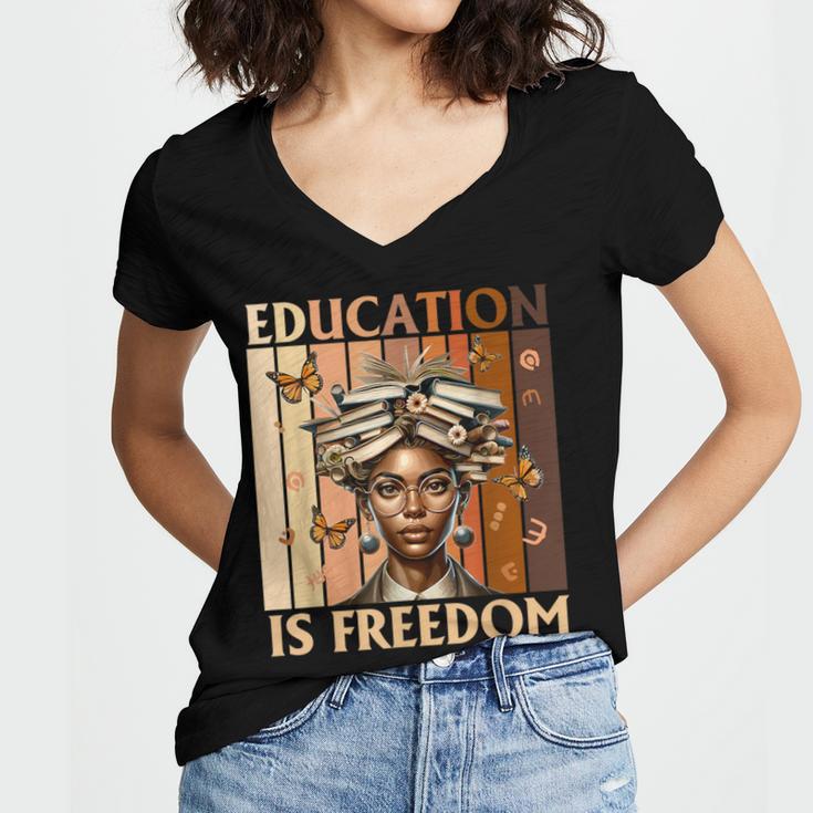 Education Is Freedom Teacher Books Black History Women Women's Jersey Short Sleeve Deep V-Neck Tshirt