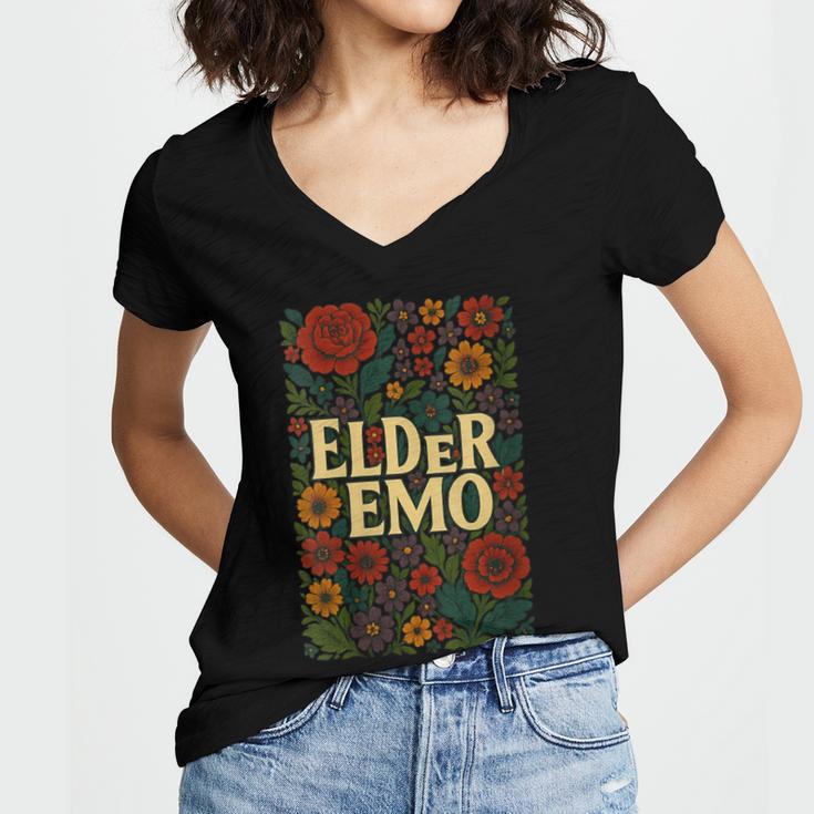 Elder Emo Floral Gothic Vintage Nostalgia Women's Jersey Short Sleeve Deep V-Neck Tshirt