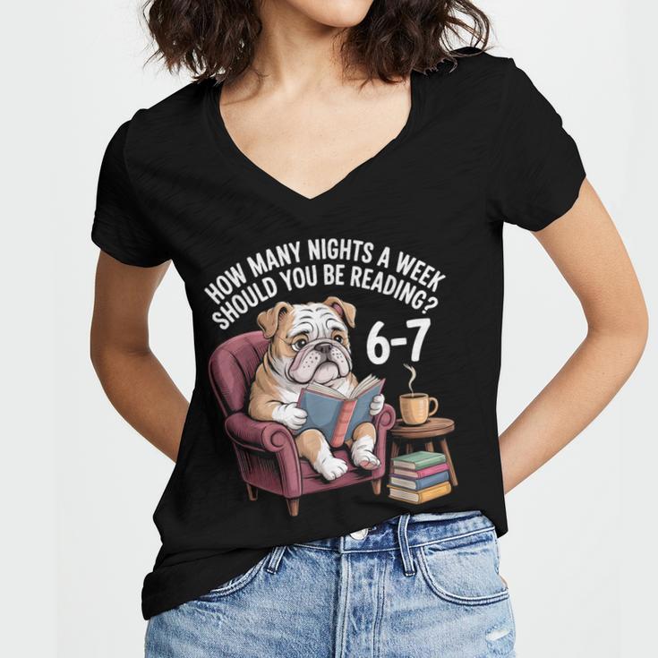 English Bulldog Dog Reading Book 67 Six Seven Meme Women's Jersey Short Sleeve Deep V-Neck Tshirt