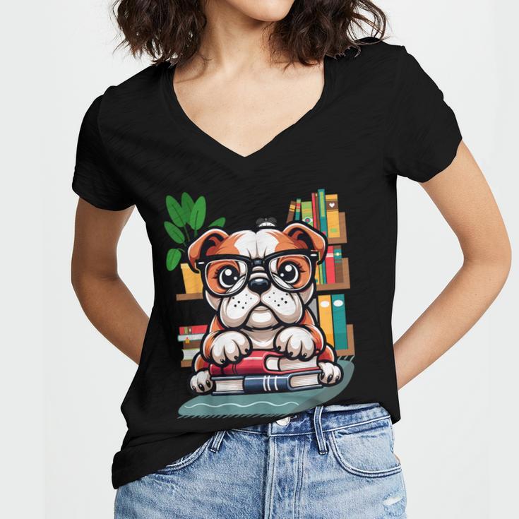 English Bulldog Reading a Book Dog Women's Jersey Short Sleeve Deep V-Neck Tshirt