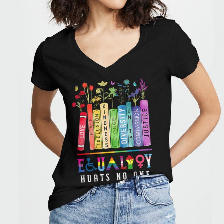 Equality Hurts No One Floral Books LGBTQ Pride Human Rights Women's Jersey Short Sleeve Deep V-Neck Tshirt