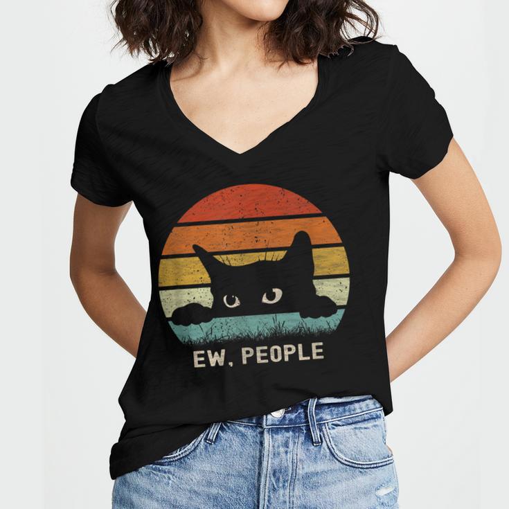 Ew People Retro Cat Cat Lover Introvert Women's Jersey Short Sleeve Deep V-Neck Tshirt