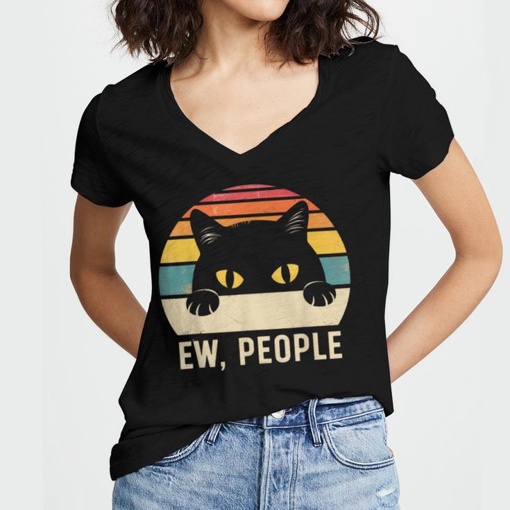 Ew People Retro Cat Vintage Anti-Social Introvert Women's Jersey Short Sleeve Deep V-Neck Tshirt