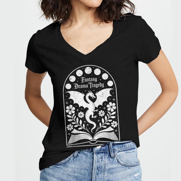 Fantasy Drama Tragedy Dragon Book Magic Gothic Moon Phases Women's Jersey Short Sleeve Deep V-Neck Tshirt Fantasy Drama Tragedy Dragon Book Magic Gothic Moon Phases Women's Jersey Short Sleeve Deep V-Neck Tshirt